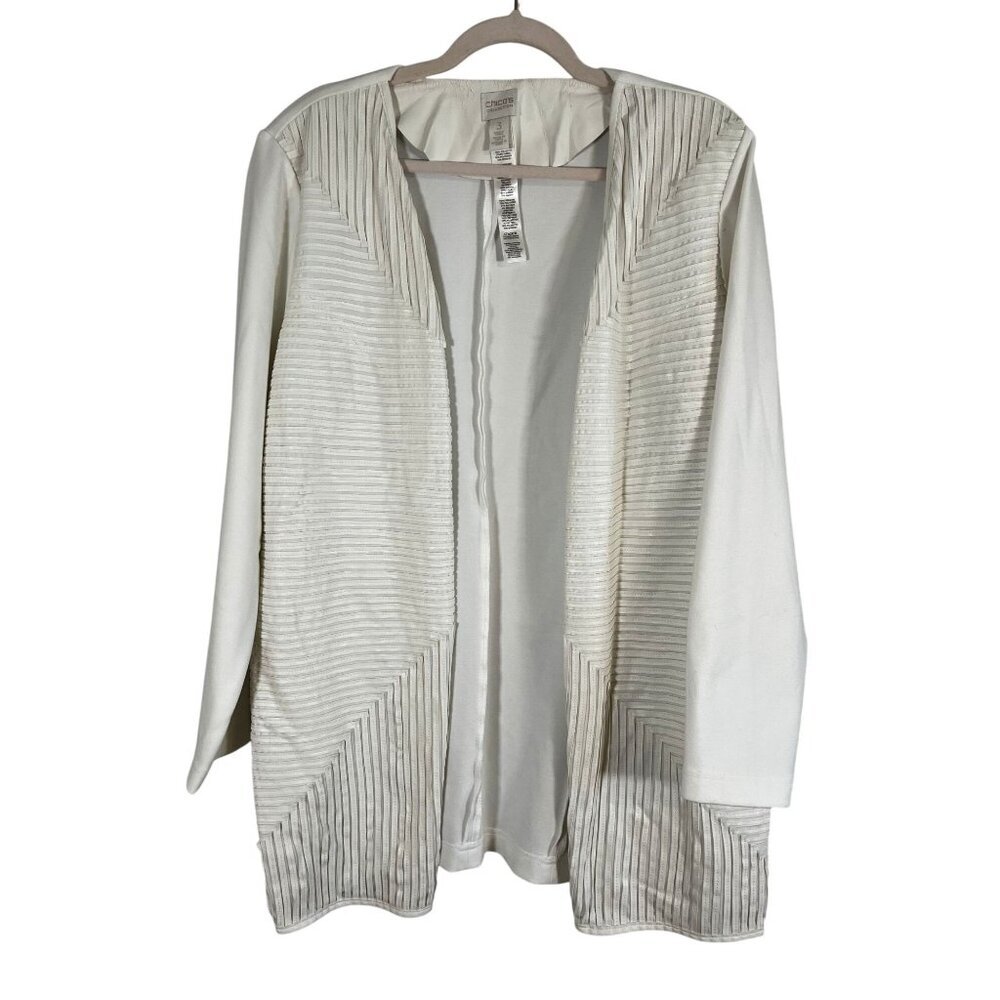 Chicos Textured Panel Cardigan White L Travel Neutral Minimalist‎ Preppy Resort